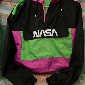 Retro NASA Black Pink and Lime Green Windbreaker Pullover